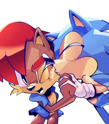 Size: 1190x1344 | Tagged: safe, artist:mrasombro, sally acorn, sonic the hedgehog, chipmunk, hedgehog, 2026, blushing, duo, female, kiss, male, sally x sonic, sally's vest and boots, shipping, simple background, straight