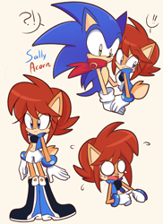Size: 2070x2838 | Tagged: safe, artist:luckyclau, sally acorn, sonic the hedgehog, chipmunk, hedgehog, 2025, character name, duo, english text, exclamation mark, female, holding them, male, question mark, redesign, sally x sonic, sally's ringblader outfit, scarf, shipping, shocked, simple background, smile, speech bubble, star (symbol), straight