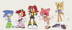 Size: 1280x537 | Tagged: safe, artist:risziarts, manik acorn, sonia acorn, oc, oc:ruby the echidna, chipmunk, coyote, echidna, hedgehog, rabbit, 2024, belle d'coolette, child, female, glasses, group, looking at viewer, male, necklace, parent:antoine, parent:bunnie, parent:buntoine, parent:knuckles, parent:knuxouge, parent:rouge, parent:sally, parent:sonally, parent:sonic, pose, ring (jewelry), simple background, teenager, v sign