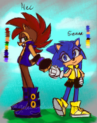 Size: 1200x1520 | Tagged: safe, artist:galacticghoste, oc, oc:alec acorn, oc:sienna the hedgehog, chipmunk, hedgehog, 2024, alternate universe, au:youthlegacy, brother and sister, character name, daytime, duo, english text, fankid, female, fistbump, grass, looking at each other, male, parent:sally, parent:sonally, parent:sonic, reference sheet, sally x sonic, shipping, siblings, standing, straight, top surgery scars, trans male, transgender, watermark