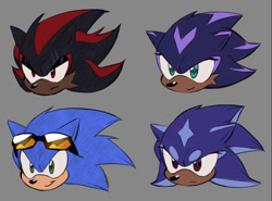 Size: 1244x919 | Tagged: safe, artist:sorbeau, shadow the hedgehog, sonic the hedgehog, oc, oc:blue skies "sky" the hedgehog, oc:elena "ellie" the hedgehog, hedgehog, 2025, aged up, cheek fluff, dark skin, eyewear on head, family, fankid, father and child, father and daughter, female, frown, fur markings, grey background, group, head only, looking offscreen, male, parent:shadow, parent:sonic, parents:sonadow, siblings, simple background, sisters, smile, sunglasses
