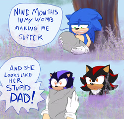 Size: 2048x1966 | Tagged: safe, artist:seasaltcosmos, shadow the hedgehog, sonic the hedgehog, oc, oc:seelie the hedgehog, hedgehog, 2025, baby, english text, fankid, father and child, father and daughter, female, frown, hospital bed, magical gay spawn, male, meme, nine months in my womb, parent and child, parent:shadow, parent:sonic, parents:sonadow, speech bubble, text, trio, yelling