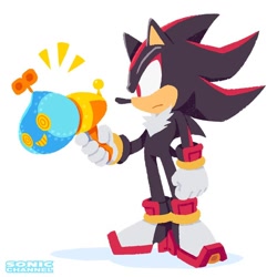 Size: 800x800 | Tagged: safe, artist:yui karasuno, shadow the hedgehog, hedgehog, frown, gun, holding something, looking at something, male, omochao gun, shadow the hedgehog (video game), simple background, solo, sonic channel, standing, weapon, white background