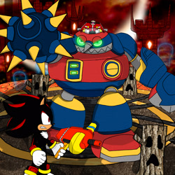 Size: 2048x2048 | Tagged: safe, artist:egg-emperor, robotnik, shadow the hedgehog, human, 2025, abstract background, blaster, cryptic castle, duo, egg breaker, fight, glowing eyes, holding something, looking at each other, male, mechsuit, robot, shadow the hedgehog (video game), standing, weapon