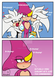Size: 900x1269 | Tagged: safe, artist:fanneyplum, espio the chameleon, silver the hedgehog, 2026, arrow, blushing, border, cute, deviantart watermark, duo, english text, eyes closed, flat colors, frown, gay, kiss, kiss on cheek, lidded eyes, male, mouth open, obtrusive watermark, shipping, silvabetes, silvio, smile, standing, sweatdrop, text, watermark