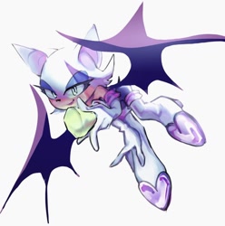 Size: 1272x1280 | Tagged: safe, artist:sunbeam404, rouge the bat, 2026, chaos emerald, female, holding something, lidded eyes, looking at viewer, simple background, smile, smiling at viewer, solo, white background
