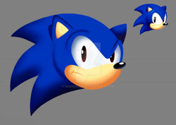 Size: 1280x905 | Tagged: safe, artist:manizinz, sonic the hedgehog, hedgehog, 2026, classic sonic, classic style, deviantart watermark, frown, grey background, head only, lineless, looking at viewer, male, obtrusive watermark, reference inset, simple background, solo, style emulation, watermark