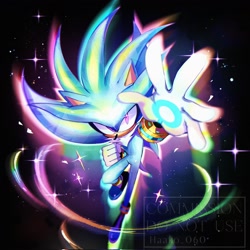 Size: 2048x2048 | Tagged: safe, artist:haako_060, silver the hedgehog, hedgehog, 2026, clenched fist, flying, hyper form, hyper silver, looking at viewer, male, mid-air, reaching out, reaching towards the viewer, solo, sparkles
