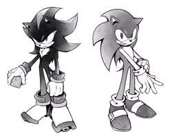Size: 2048x1622 | Tagged: safe, artist:sa1k_a, shadow the hedgehog, sonic the hedgehog, hedgehog, 2026, chaos emerald, clenched fist, duo, frown, greyscale, looking at viewer, looking offscreen, male, monochrome, simple background, smile, standing, white background