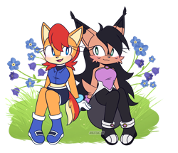 Size: 1280x1102 | Tagged: safe, artist:syrcaii, nicole the hololynx, sally acorn, chipmunk, lynx, 2026, alternate version, duo, female, flower, happy, lesbian, looking at each other, nicole x sally, plant, sally's ringblader outfit, shipping, simple background, sitting, transparent background