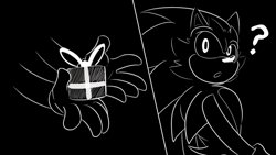 Size: 1280x720 | Tagged: safe, artist:frenzyferret, sally acorn, sonic the hedgehog, chipmunk, hedgehog, 2026, alternate universe, au:freedom fighters reprisal, black and white, duo, female, gift box, giving object, male, noticing, question mark, sally x sonic