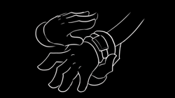 Size: 1280x720 | Tagged: safe, artist:frenzyferret, sally acorn, sonic the hedgehog, chipmunk, hedgehog, 2026, alternate universe, au:freedom fighters reprisal, black and white, bracelet, duo, female, giving object, male, sally x sonic