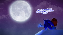 Size: 1920x1080 | Tagged: safe, artist:pixelrush, sally acorn, sonic the hedgehog, chipmunk, hedgehog, 2023, alternate outfit, building, dialogue, dress, duo, english text, female, male, moon, nighttime, rooftop, sally x sonic, shipping, sitting, source filmmaker, star (sky), straight, suit