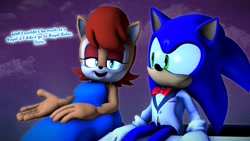 Size: 1920x1080 | Tagged: safe, artist:pixelrush, sally acorn, sonic the hedgehog, chipmunk, hedgehog, 2023, alternate outfit, building, dialogue, dress, duo, english text, female, male, nighttime, rooftop, sally x sonic, shipping, sitting, source filmmaker, star (sky), straight, suit