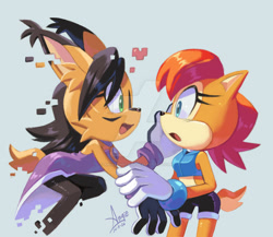 Size: 1280x1110 | Tagged: safe, artist:angiethecat, nicole the hololynx, sally acorn, 2026, blue background, deviantart watermark, digital static, duo, flying, heart, lesbian, looking at each other, mid-air, mouth open, nicole x sally, obtrusive watermark, shipping, simple background, smile, watermark