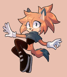 Size: 1024x1178 | Tagged: safe, artist:praquina, oc, 2019, boots, clothes, eyelashes, female, gloves, looking at viewer, mouth open, oc only, open smile, poncho, ponytail, simple background, smile, smiling at viewer, solo, tan background, unknown oc, unknown species