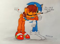 Size: 1600x1172 | Tagged: safe, artist:sebas289377, sally acorn, sonic the hedgehog, chipmunk, hedgehog, 2025, dialogue, duo, english text, female, heart, hugging, male, sally x sonic, sally's vest and boots, shipping, simple background, standing, straight, traditional media, white background