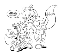 Size: 1200x1050 | Tagged: safe, artist:chauvels, fiona fox, miles "tails" prower, fox, 2014, black and white, blushing, box, dialogue, duo, english text, female, fiona x tails, fiona's jumpsuit, holding something, male, shipping, simple background, sonic boom (tv), speech bubble, straight, tool box, white background, wrench