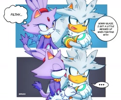 Size: 1703x1400 | Tagged: dead source, safe, artist:applezz_4, blaze the cat, silver the hedgehog, cat, hedgehog, ..., comic, dialogue, dirty, duo, english text, female, licking, male, shipping, silvaze, simple background, speech bubble, straight