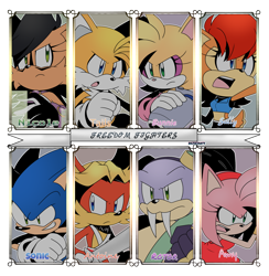 Size: 1968x2018 | Tagged: safe, artist:risziarts, amy rose, antoine d'coolette, bunnie rabbot, miles "tails" prower, nicole the hololynx, rotor walrus, sally acorn, sonic the hedgehog, chipmunk, coyote, fox, hedgehog, lynx, rabbit, walrus, 2023, attacking, charging, english text, female, freedom fighters, group, holding something, hololynx, male, piko piko hammer, sally's ringblader outfit, sword, weapon