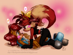 Size: 800x609 | Tagged: safe, artist:giulyblader, fiona fox, sally acorn, 2022, blushing, duo, lesbian, looking at each other, mouth open, pinning them, raised eyebrow, saliona, shipping