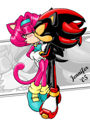 Size: 600x828 | Tagged: safe, artist:chibi-jen-hen, shadow the hedgehog, oc, oc:jade the cat, cat, 2005, blushing, canon x oc, duo, eyes closed, holding each other, hugging, jade x shadow, kiss, shipping, signature, standing, straight