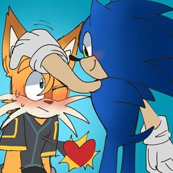 Size: 600x600 | Tagged: safe, artist:appleandcinnamon, miles "tails" prower, nine, sonic the hedgehog, 2026, :/, age difference, blue background, blushing, duo, flat colors, gay, headpats, heart, nine x sonic, shipping, simple background, smile, sonic x tails, standing