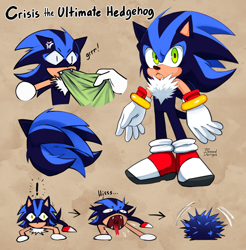 Size: 1280x1300 | Tagged: safe, artist:renard-dartigue, oc, oc:crisis the ultimate hedgehog, hedgehog, 2024, arrow, biting, curled up, english text, exclamation mark, faic, fangs, fankid, frown, hissing, magical gay spawn, oc only, one fang, parent:shadow, parent:sonic, parents:sonadow, saliva, solo, standing, text