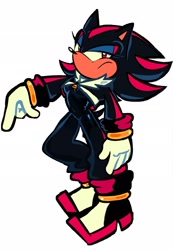 Size: 1421x2048 | Tagged: safe, artist:mercurio-shadowz, shadow the hedgehog, hedgehog, 2025, female, frown, looking at viewer, pointing, simple background, solo, standing, trans female, trans girl shadow, transgender, white background