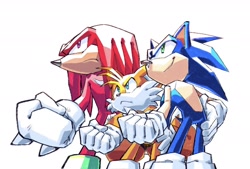 Size: 1742x1180 | Tagged: safe, artist:stupidfred0, knuckles the echidna, miles "tails" prower, sonic the hedgehog, 2026, clenched fist, frown, looking up, male, simple background, team sonic, trio, white background