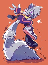 Size: 1530x2048 | Tagged: safe, artist:jovialnightz, tangle the lemur, 2026, female, looking at viewer, looking back, looking back at viewer, mid-air, orange background, signature, simple background, smile, sparkles, star (symbol), tail stand, treads