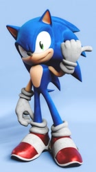 Size: 1148x2048 | Tagged: safe, artist:dokatzo, artist:exg1983, sonic the hedgehog, hedgehog, 2026, 3d, blue background, looking at viewer, male, simple background, smile, solo, standing, thumbs up