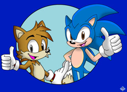 Size: 1280x933 | Tagged: safe, artist:frostthehobidon, miles "tails" prower, sonic the hedgehog, fox, hedgehog, adventures of sonic the hedgehog, 2024, alternate eye color, brown eyes, duo, grey eyes, looking at viewer, male, mouth open, open smile, redraw, smile, smiling at viewer, sonic satam, thumbs up