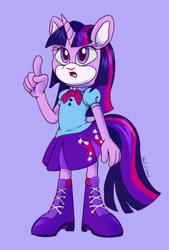 Size: 600x889 | Tagged: safe, artist:aluminumfrost, 2024, barely sonic related, looking up, mobianified, mouth open, my little pony, pointing, pony, purple background, signature, simple background, solo, standing, twilight sparkle, unicorn