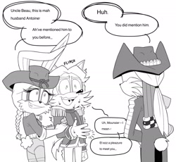 Size: 2048x1888 | Tagged: safe, artist:magicvicky1, antoine d'coolette, beauregard rabbot, bunnie rabbot, coyote, rabbit, 2025, black and white, buntoine, comic, dialogue, english text, female, male, shipping, simple background, speech bubble, straight, sweatdrop, trio, white background