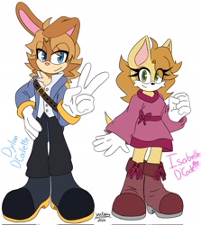 Size: 1823x2048 | Tagged: safe, artist:yukineru06, oc, oc:dylan d'coolette, oc:isabelle d'coolette, coyote, rabbit, 2025, clothes, duo, english text, fankid, female, fully clothed, looking at viewer, male, parent:antoine, parent:bunnie, parent:buntoine, pose, simple background, smile, standing, v sign, white background