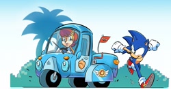 Size: 1896x992 | Tagged: safe, artist:chauvels, sally acorn, sonic the hedgehog, chipmunk, hedgehog, 2024, daytime, driving, duo, female, male, running, sally x sonic, sally's ringblader outfit, shipping, straight, tuk tuk, vehicle