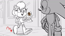 Size: 1920x1080 | Tagged: safe, artist:twincubcakes, sally acorn, sonic the hedgehog, chipmunk, hedgehog, 2025, acorn, black and white, building, chocolate, daytime, duo, eating, female, food, holding something, male, sally x sonic, sally's ringblader outfit, shipping, straight, walking