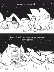 Size: 1531x2048 | Tagged: safe, artist:jadepesky, sally acorn, sonic the hedgehog, chipmunk, hedgehog, 2025, black and white, crying, duo, english text, female, grass, lying down, male, nighttime, sally x sonic, sally's vest and boots, shipping, star (sky), straight, tears