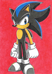 Size: 1280x1802 | Tagged: safe, artist:krisztian1989, oc, oc:seelkadoom the hedgehog, hedgehog, 2022, black shoes, clenched fists, looking at viewer, male, oc only, red background, simple background, smile, solo, sonic x style, standing, style emulation, traditional media