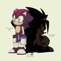 Size: 2000x2000 | Tagged: safe, artist:odsonadow, oc, oc:sonny the hedgehog, hedgehog, 2024, dialogue, duality, english text, fankid, frown, grey background, magical gay spawn, male, oc only, parent:shadow, parent:sonic, parents:sonadow, signature, simple background, sitting, smile, solo, standing, text