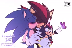 Size: 2048x1366 | Tagged: safe, artist:odsonadow, shadow the hedgehog, sonic the hedgehog, oc, oc:sonny the hedgehog, hedgehog, 2022, blushing, bug, butterfly, carrying them, dark bags under eyes, dialogue, english text, eyes closed, family, fankid, father and child, father and son, gay, heart, kiss, kiss on cheek, literal animal, magical gay spawn, male, one eye closed, parent and child, parent:shadow, parent:sonic, parents:sonadow, shadow x sonic, shipping, signature, simple background, smile, spanish text, standing, text, trio, white background