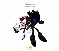 Size: 2048x1769 | Tagged: safe, artist:odsonadow, oc, oc:sonny the hedgehog, hedgehog, 2022, duality, english text, fankid, glowing eyes, magical gay spawn, male, mid-air, parent:shadow, parent:sonic, parents:sonadow, signature, simple background, smile, solo, spanish text, text, treads, two sides, white background