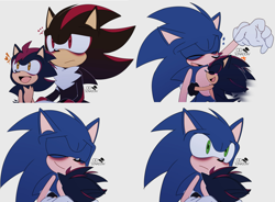 Size: 3645x2690 | Tagged: safe, artist:odsonadow, shadow the hedgehog, sonic the hedgehog, oc, oc:sonny the hedgehog, hedgehog, ..., 2022, anonymous editor, dark bags under eyes, edit, exclamation mark, eyes closed, fankid, father and child, father and son, frown, grey background, heart, hugging, looking offscreen, magical gay spawn, male, parent and child, parent:shadow, parent:sonic, parents:sonadow, signature, simple background, smile, stitched, trio