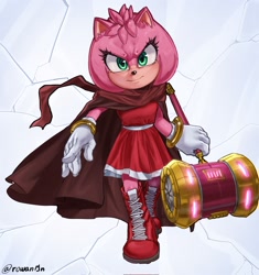 Size: 1924x2048 | Tagged: safe, artist:rowan19n, amy rose, hedgehog, 2026, cape, female, holding something, looking at viewer, piko piko hammer, signature, simple background, smile, solo, sonic the hedgehog 4 (film), standing, walking, white background