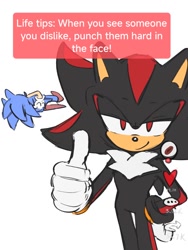 Size: 768x1024 | Tagged: safe, artist:deerchali, shadow the hedgehog, sonic the hedgehog, hedgehog, 2026, duo, english text, flat colors, hand on hip, injured, lidded eyes, looking at viewer, lying down, lying on side, male, simple background, smile, text, thumbs up, tiktok, white background