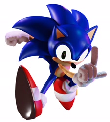 Size: 1844x2048 | Tagged: safe, artist:crimzxred, artist:nullvix, sonic the hedgehog, hedgehog, 2026, 3d, alternate universe, au:outcome memories, looking at viewer, low poly, male, mid-air, pointing, posing, simple background, solo, treads, white background