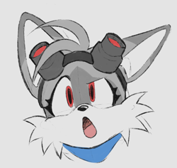 Size: 863x815 | Tagged: safe, artist:spirit_salts, miles "tails" prower, oc, oc:blair, fox, 2026, alternate universe, au:outcome memories, eyelashes, eyewear on head, flat colors, fur markings, goggles, goggles on head, head only, looking offscreen, male, scarf, simple background, solo, white background