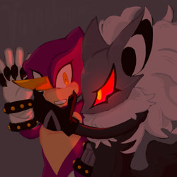 Size: 2048x2048 | Tagged: safe, artist:vocochair, espio the chameleon, infinite the jackal, 2026, claws, duo, espio x infinite, gay, glowing eyes, grey background, holding them, looking at each other, shipping, signature, simple background