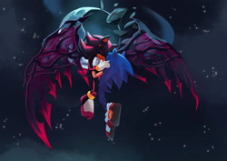 Size: 2048x1447 | Tagged: safe, artist:draivysand, shadow the hedgehog, sonic the hedgehog, sonic x shadow generations, 2025, doom shadow, duo, flying, gay, holding each other, kiss, mid-air, moon, nighttime, outdoors, shadow x sonic, shipping, star (sky), treads